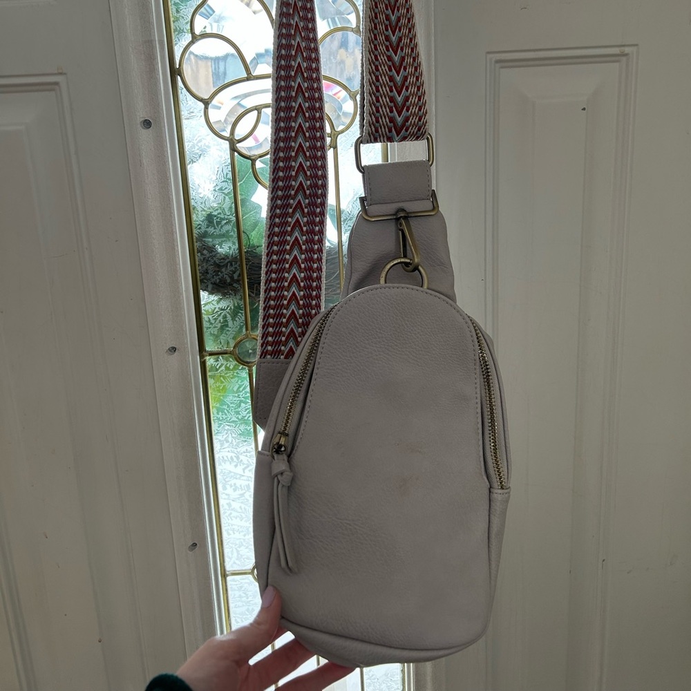Anthropologie Light Gray Crossbody Bag with Patterned Strap
